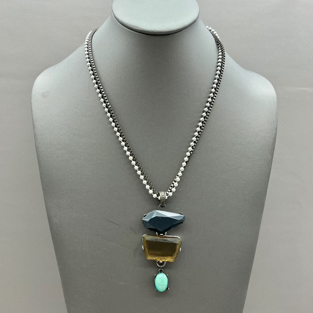 Chico's Necklace Women Multicolor Geometric Stone Faux Turquoise Layered Chain
